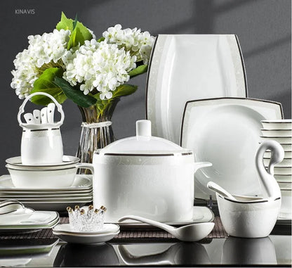 60-Piece Porcelain Set Light Luxury Silver Edge Dinner Set