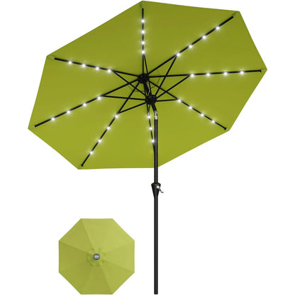 9FT Solar Patio Umbrella with 32 LED Lights - Outdoor Table Umbrella with Crank Lift, Push Button Tilt and 8 Sturdy Ribs