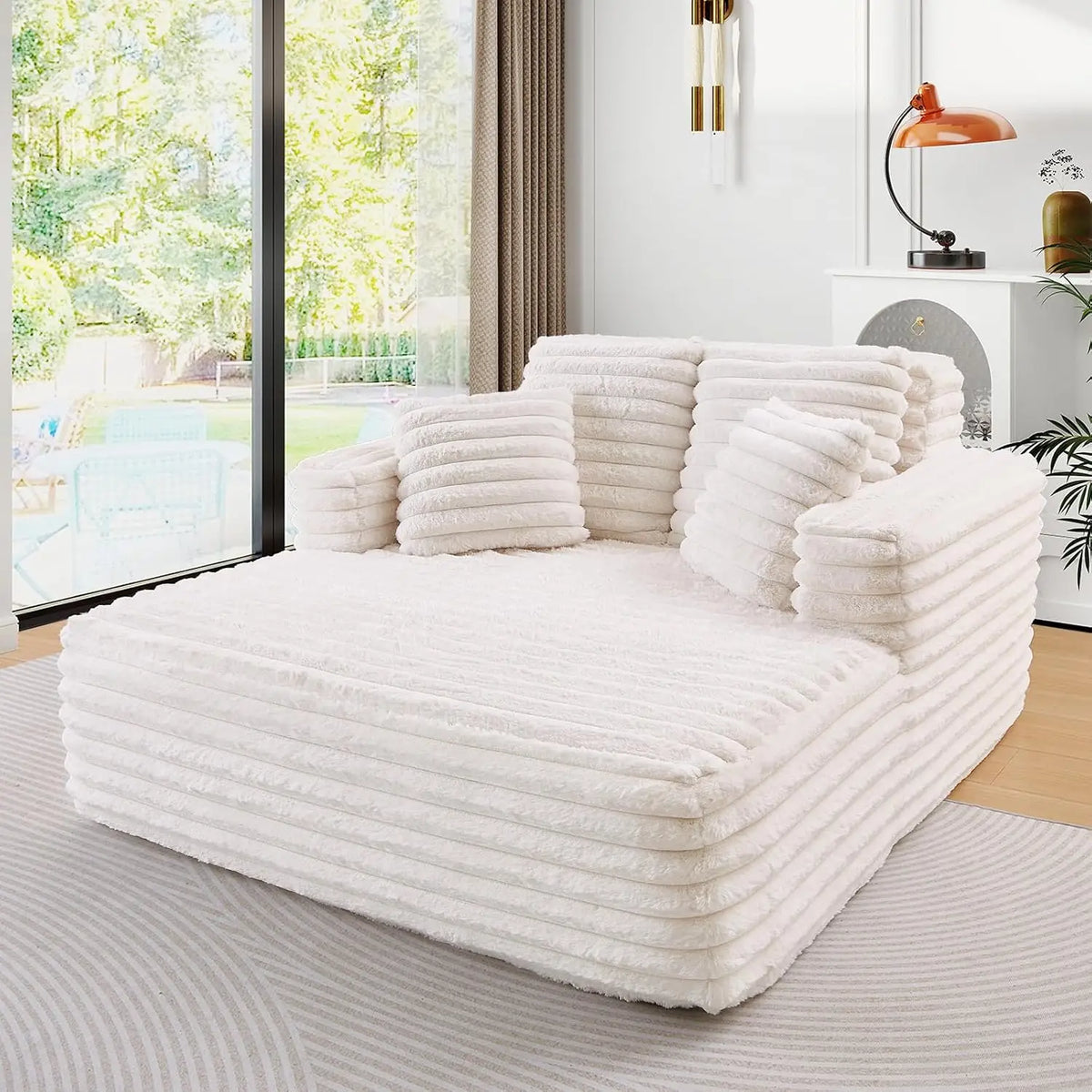 56" Oversized Chaise Lounge Plush Faux Fur Sleeper Sofa Couch Bed with Pillows