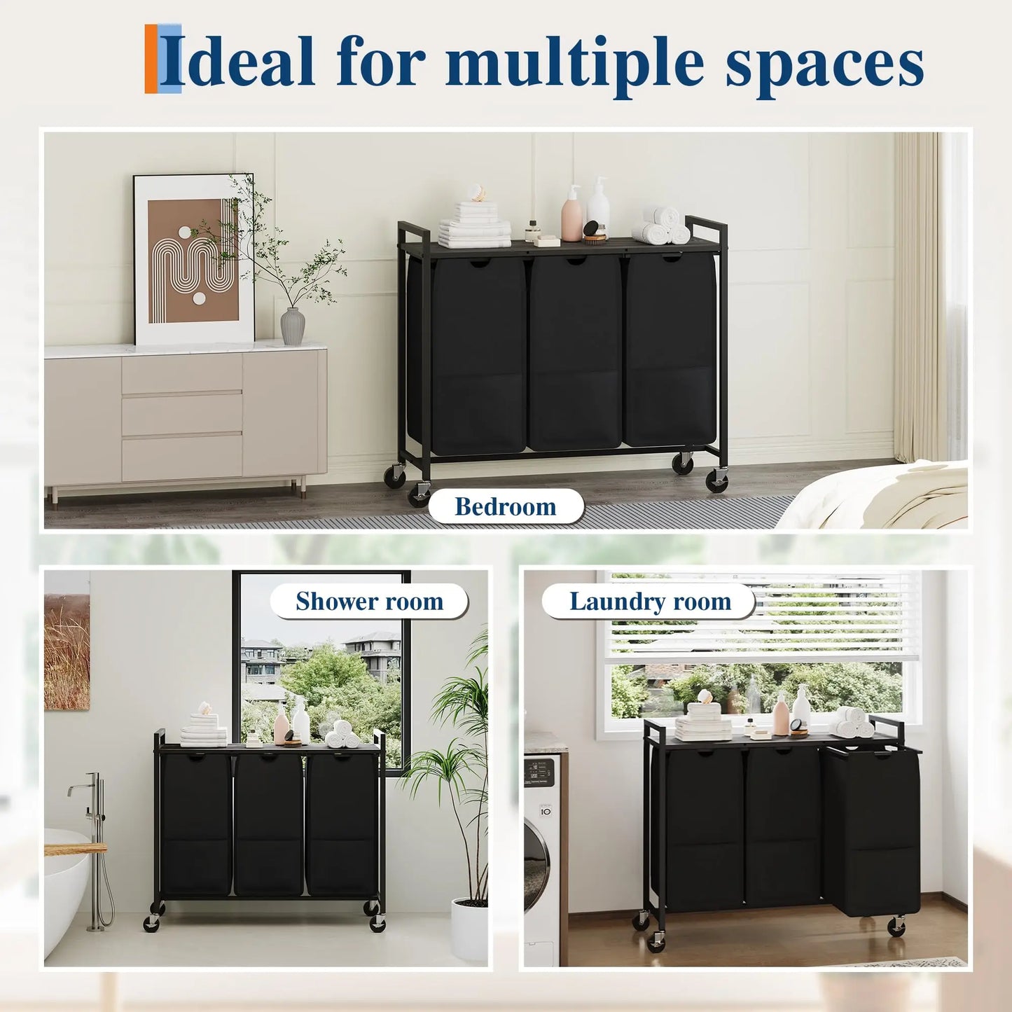 Rolling Laundry Hamper with Shelf 3 Section Laundry Sorter with Removable Bags Wheels Heavy Duty
