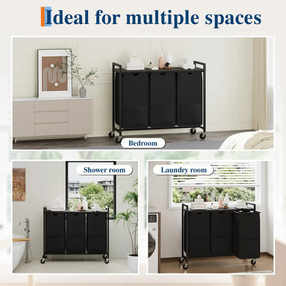 Rolling Laundry Hamper with Shelf 3 Section Laundry Sorter with Removable Bags Wheels Heavy Duty