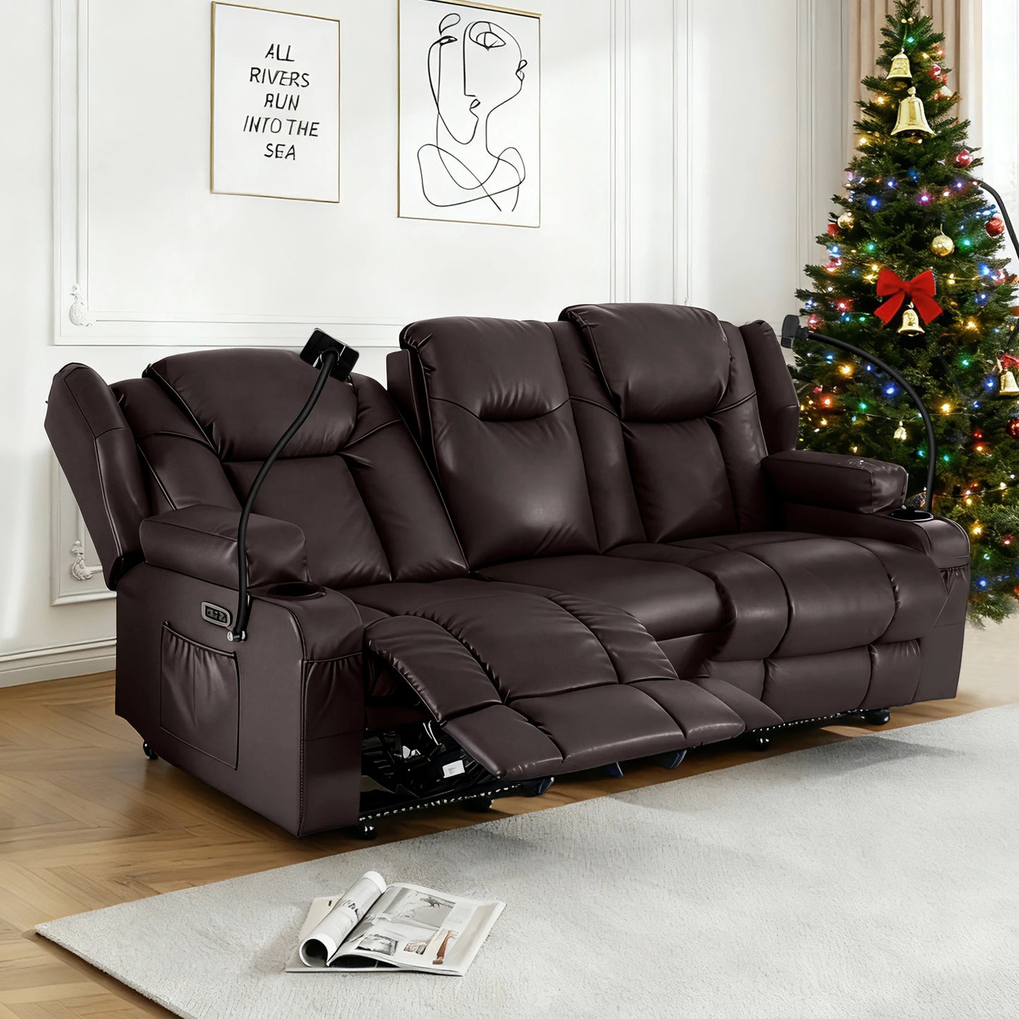 Redlife Loveseat Electric Recliner Sofa for Seniors, Massage & Heat Capacity,Cat-Claw Leather.