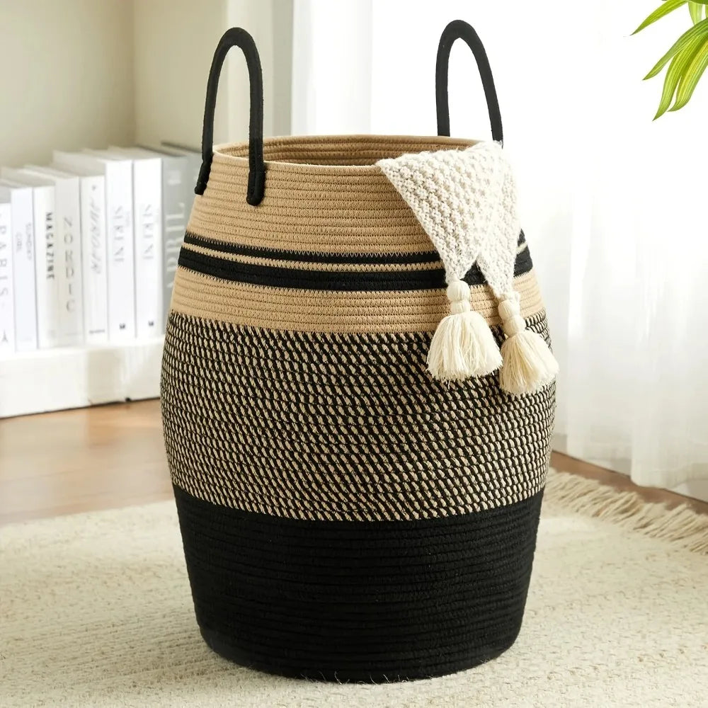 Bohemian Laundry Hamper Basket - 22" Tall Foldable Fabric Storage Bin with Handles