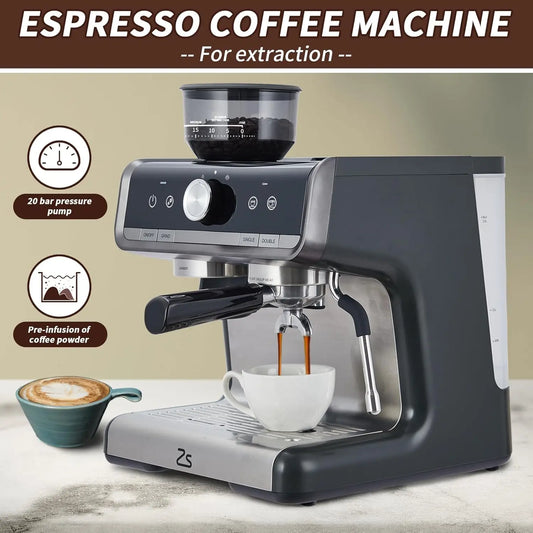 Espresso Machine with Grinder, Professional with Milk Steam 20 Bar Barista Cappuccino Machine