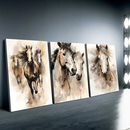 Frameless3pcs Wood Frame Minimalist Horse Pair Print, Two Horses Charcoal Sketch Abstract Equestrian