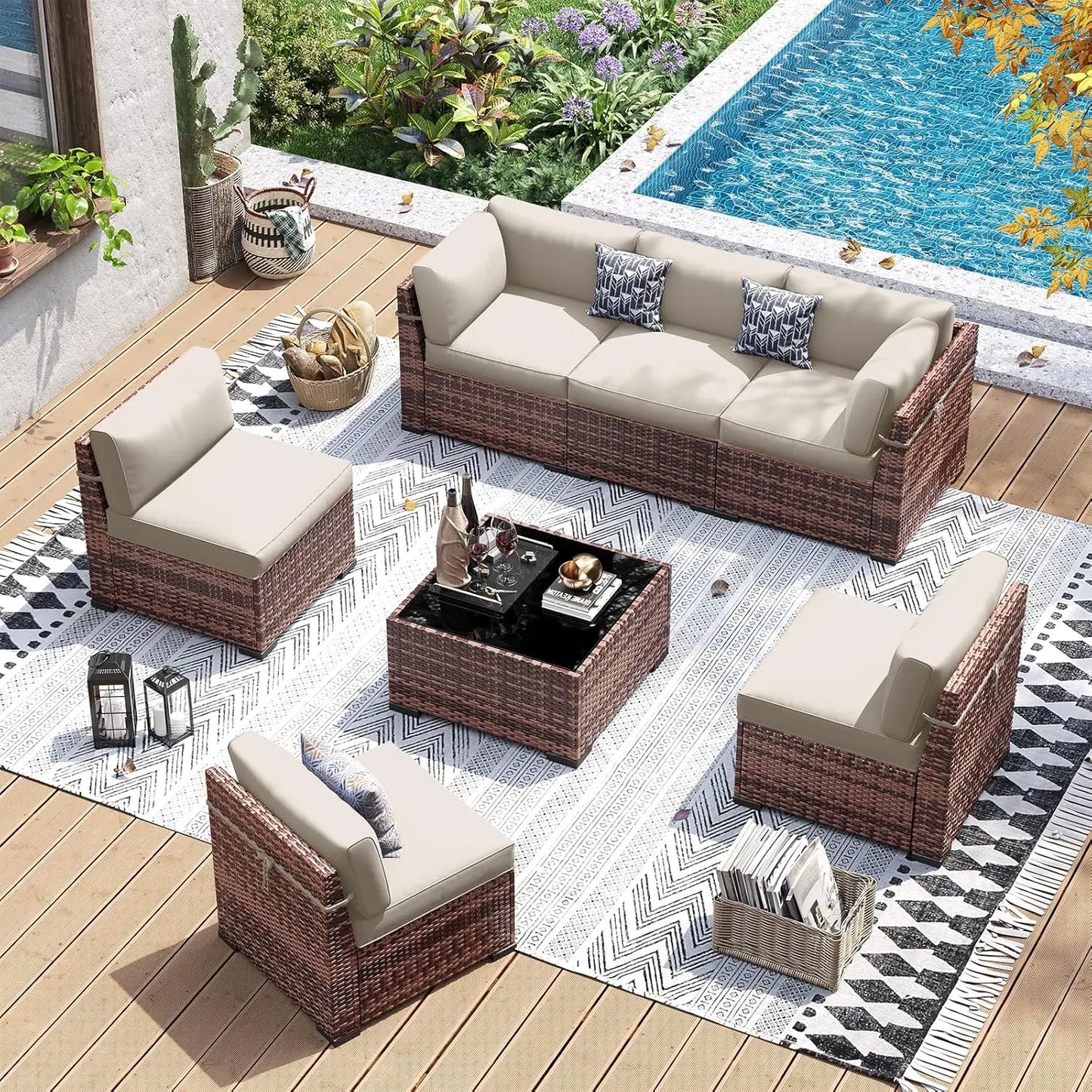 7 Pieces PE Wicker Sectional Sofa with Tea Table, Outdoor Conversation Set for Patio