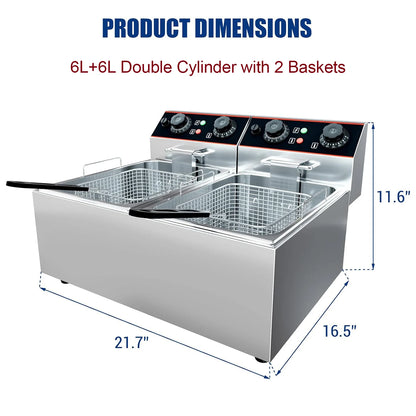 Commercial Electric Deep Fryer with Baskets Stainless Steel Adjustable Temperature Deep Fryer