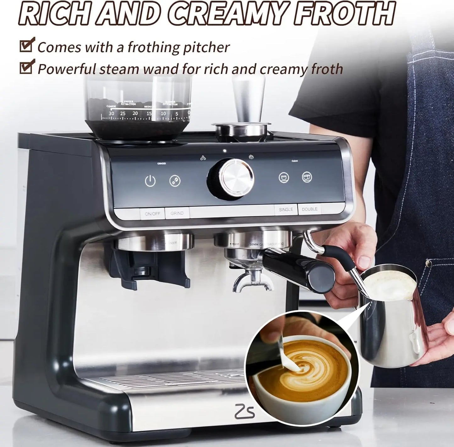 Espresso Machine with Grinder, Professional with Milk Steam 20 Bar Barista Cappuccino Machine