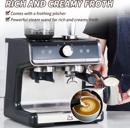 Espresso Machine with Grinder, Professional with Milk Steam 20 Bar Barista Cappuccino Machine