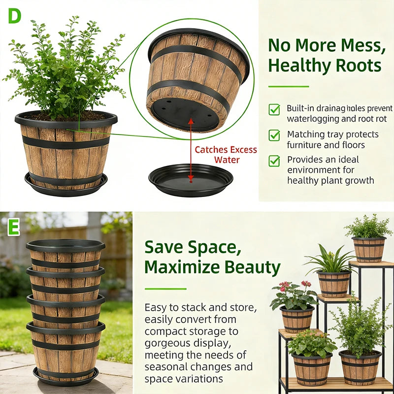 Indoor Large Flower Planter Resin Plant Pot Outdoor Imitation Wooden Barrel for Balcony Garden, Home Office Decor