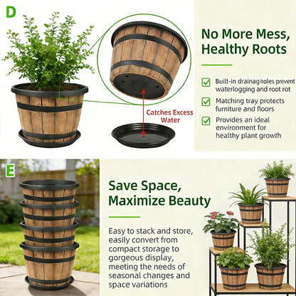Indoor Large Flower Planter Resin Plant Pot Outdoor Imitation Wooden Barrel for Balcony Garden, Home Office Decor