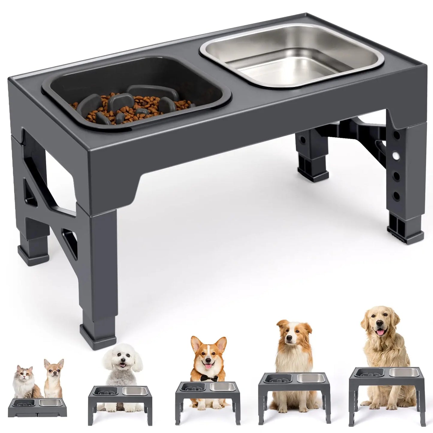 Elevated Slow Feeder Dog Bowls, Non-Slip Stainless Steel/Plastic/ Pet Food & Water Bowls with Foldable Stand