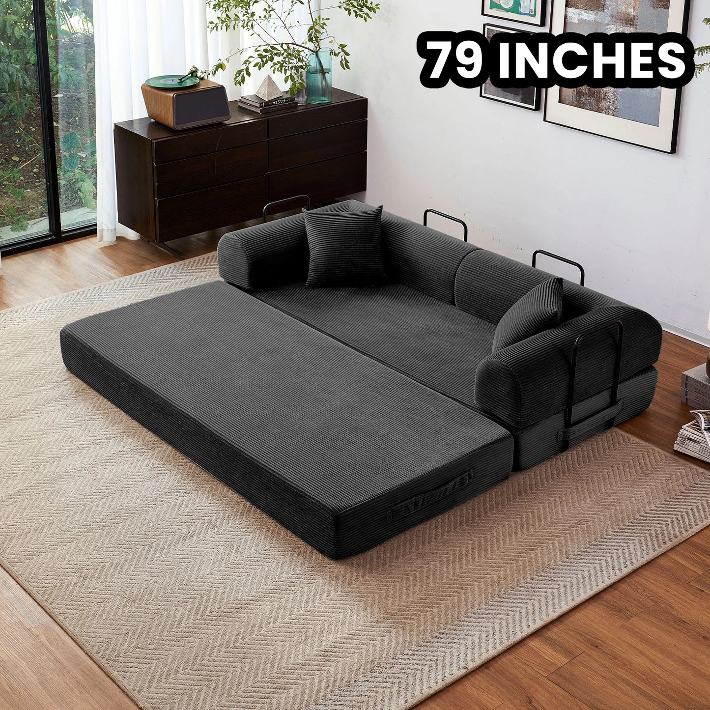 Couch Foldable Convertible Futon Sleeper Sofa Bed Floor Lounge with L-Shaped Armrests