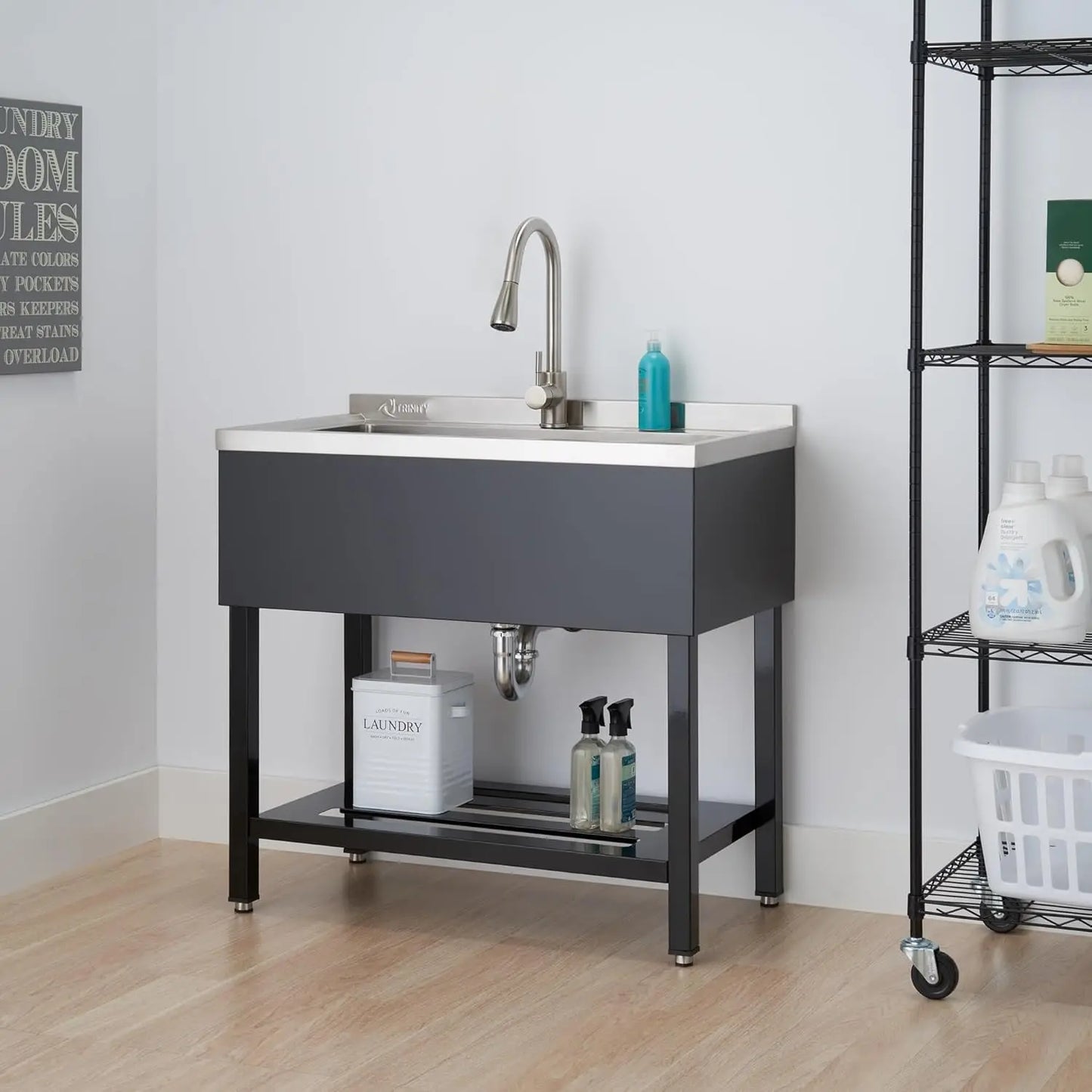Stainless Steel Utility Sink with Pull-Out Faucet, 36"x20"x49.2”