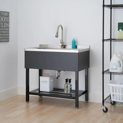 Stainless Steel Utility Sink with Pull-Out Faucet, 36"x20"x49.2”