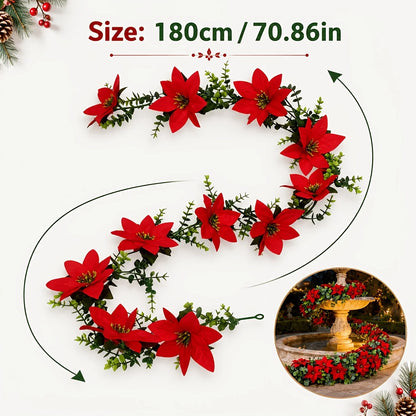 2Pcs Artificial Christmas Garland Red Poinsettia Eucalyptus Faux Flower
