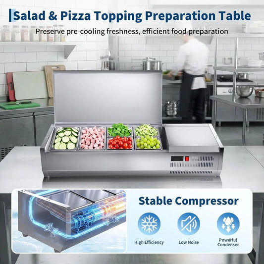 45” Commercial Refrigerated Condiment Prep Station Refrigerator 135W Countertop Refrigerated Salad Bar