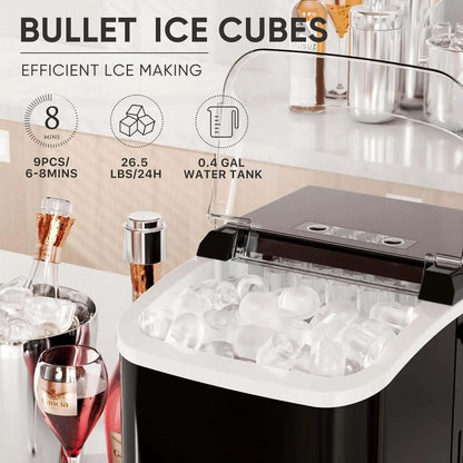 Portable Ice Maker, 26lbs/24H, 9 Cubes in 6 Mins, Self-Cleaning,
