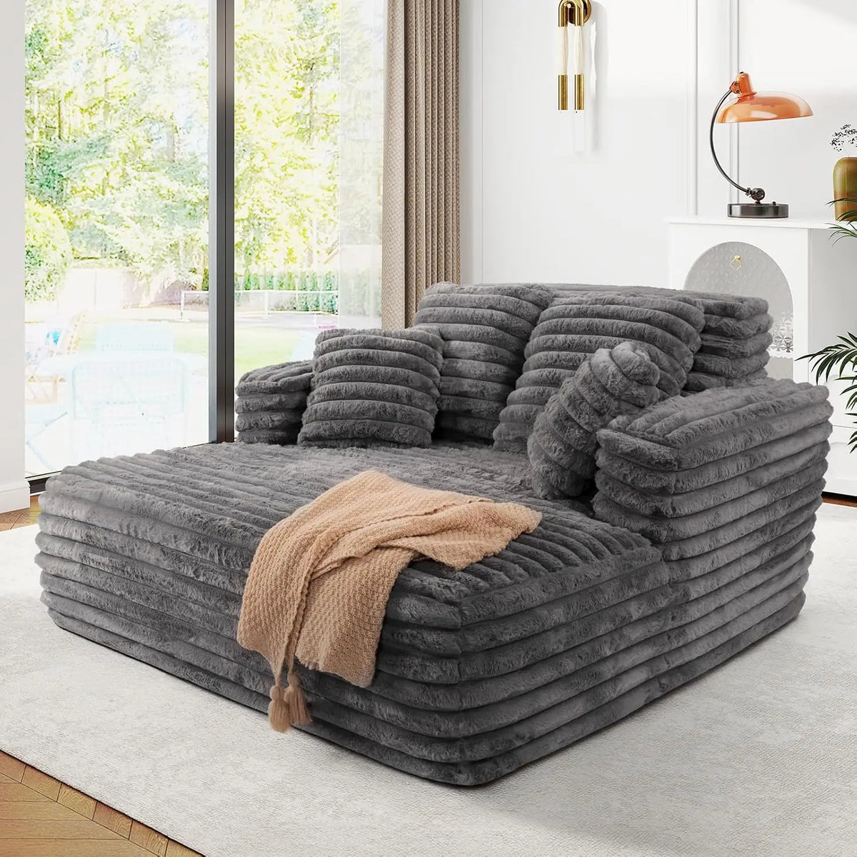 56" Oversized Chaise Lounge Plush Faux Fur Sleeper Sofa Couch Bed with Pillows
