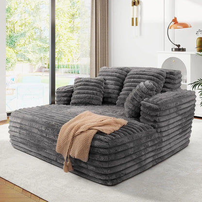 56" Oversized Chaise Lounge Plush Faux Fur Sleeper Sofa Couch Bed with Pillows