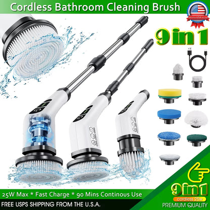 9-in-1 Electric Rotating Cleaning Brush, Wireless Shower Scrubber with Replaceable Heads and Adjustable Handle