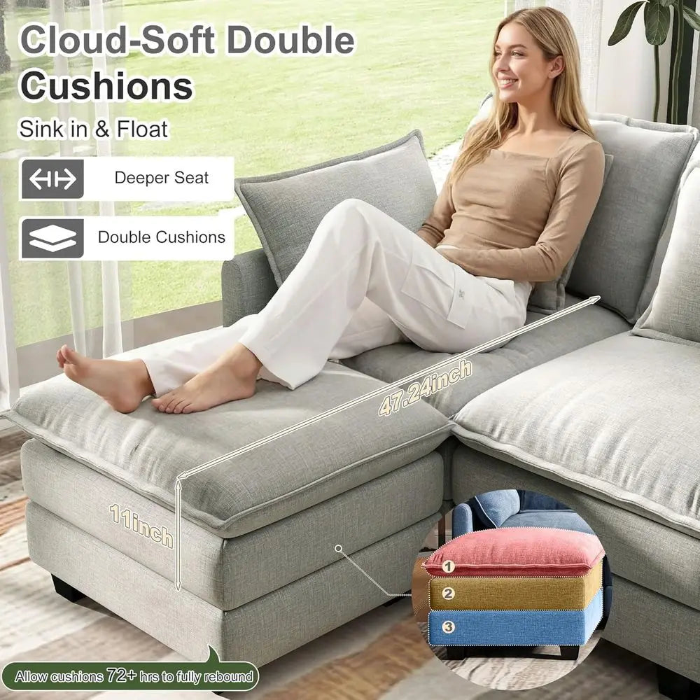 Cloud Couch Sectional Seat Deep Seat Couch with 6 Removable Washable Pillows and 2 Ottoman