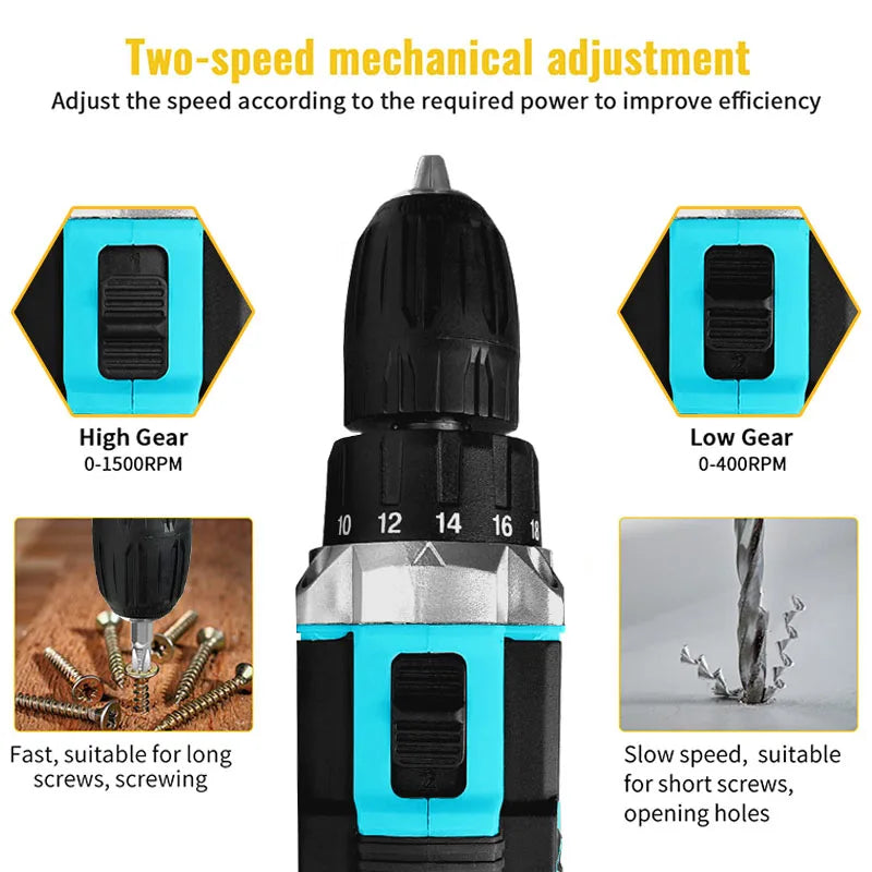 21V Cordless Drill Set with Multi-Function Electric Screwdriver High-Power Rechargeable Combination Tool