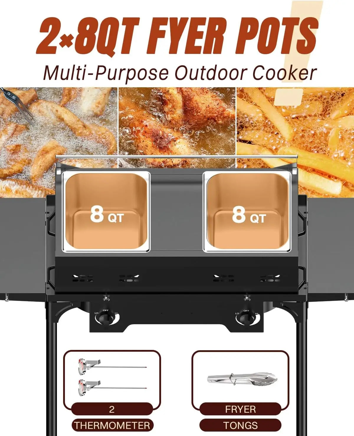 Outdoor Propane Deep Fryer with Cover, Tongs, Dual-Tank Commercial Fryer, 2x8QT Stainless Steel Pots with Baskets & Lids,