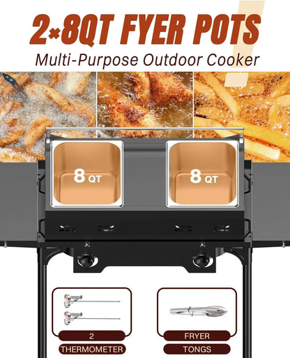 Outdoor Propane Deep Fryer with Cover, Tongs, Dual-Tank Commercial Fryer, 2x8QT Stainless Steel Pots with Baskets & Lids,