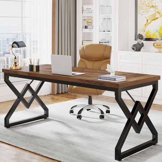 Large Industrial Executive Desk with Extra Thickened Tabletop & Metal Frame, Heavy-Duty Home Office Desk