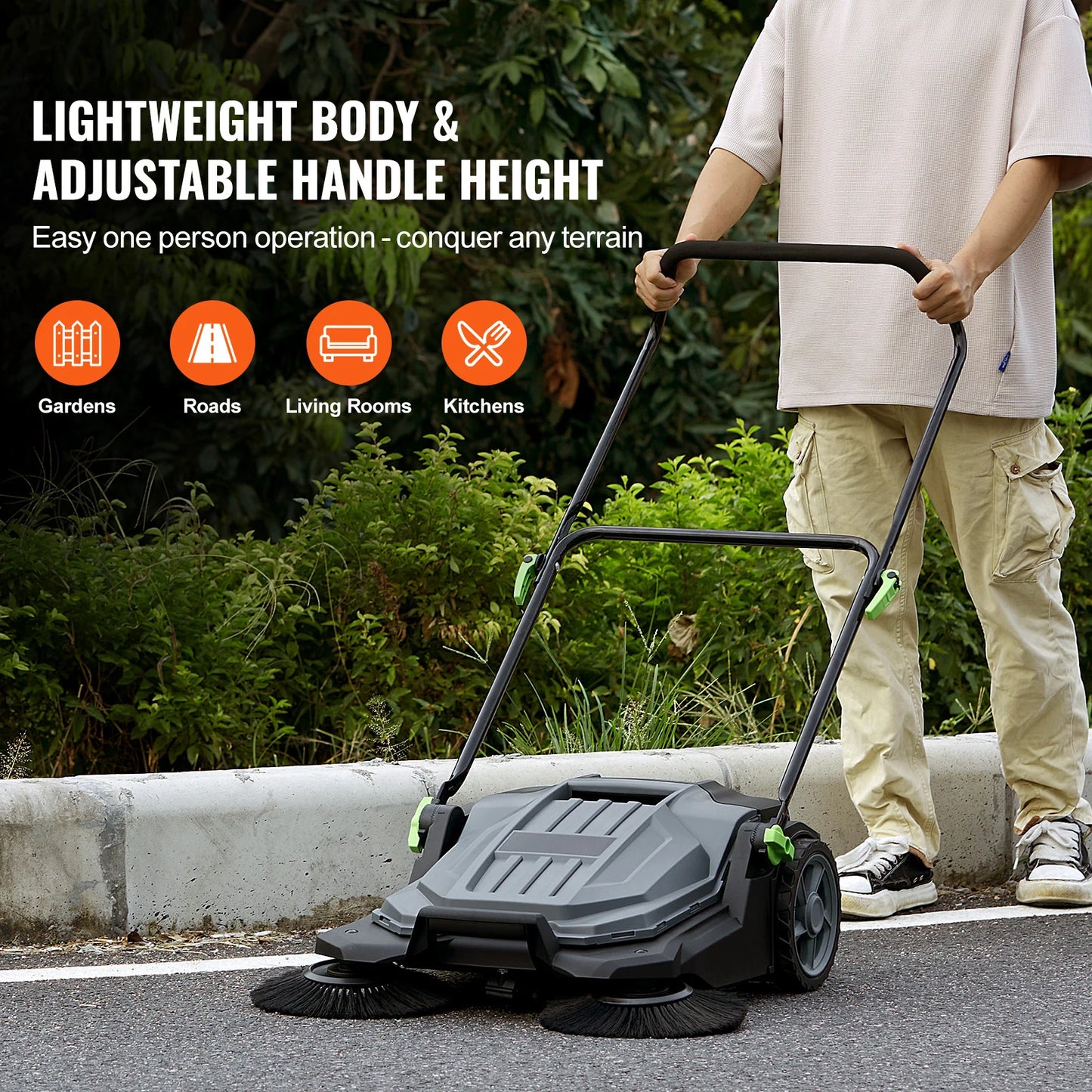 SucceBuy Walk-behind Hand Push Floor Sweeper 5-Gal Waste Container Angle & Height Adjustable