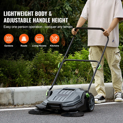 SucceBuy Walk-behind Hand Push Floor Sweeper 5-Gal Waste Container Angle & Height Adjustable