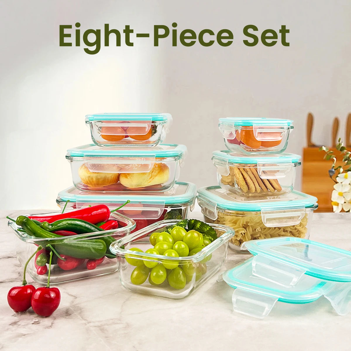 8pcs Glass Food Storage Containers Set Lunch Box Leakproof Airtight Microwave & Oven Safe
