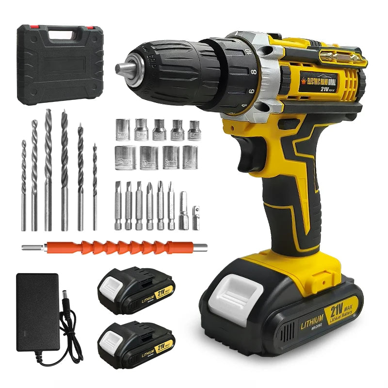 21V Cordless Drill Set with Multi-Function Electric Screwdriver High-Power Rechargeable Combination Tool
