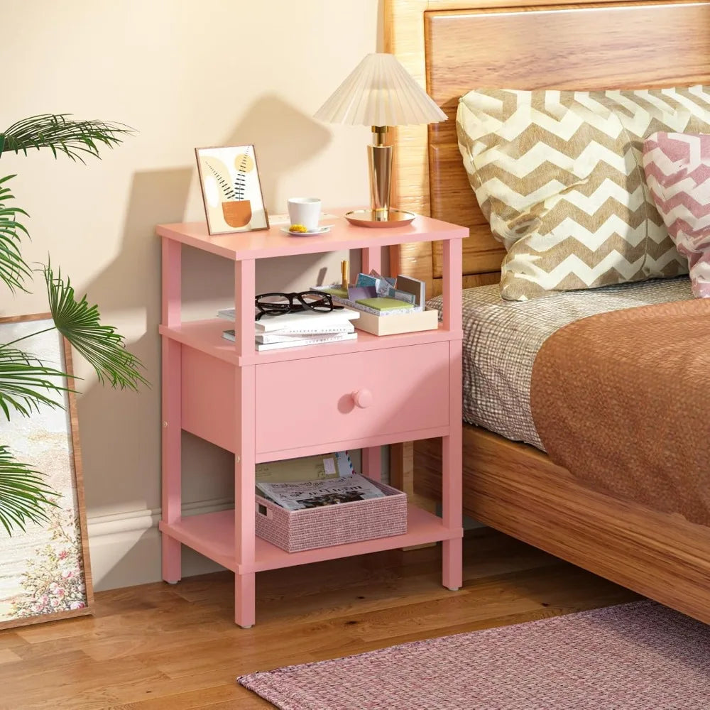 3-Tier Storage End Table with Drawer Shelf, Nightstand with charging station
