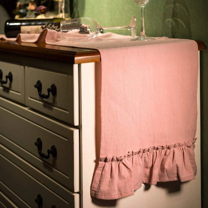Cotton Ruffles Table Runner Fabric Decor Solid Color