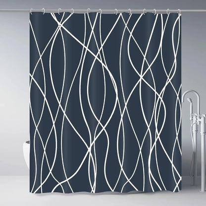 unframed Modern black and white striped corrugated fabric bathroom shower curtain.