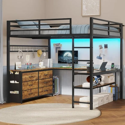 ADORNEVE Loft Bed Full Size with U-Shaped Desk, 6 Storage Drawers, Power Outlet, LED Metal with 2 Storage Shelves