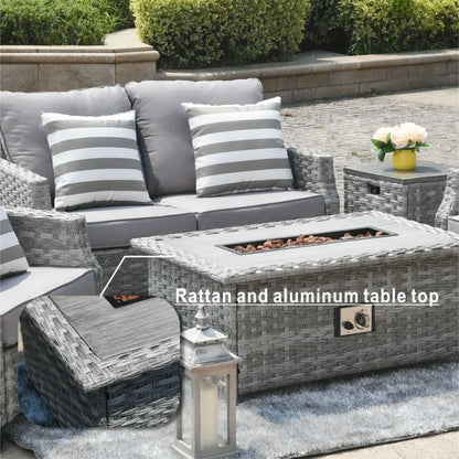Outdoor wicker fire pit table with chairs: rattan material, weather-resistant and stylish