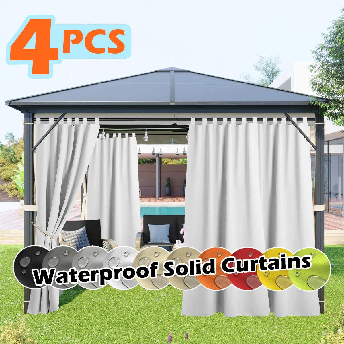 4 Panels Outdoor Curtains, Waterproof & UV-Resistant Tab Top Design