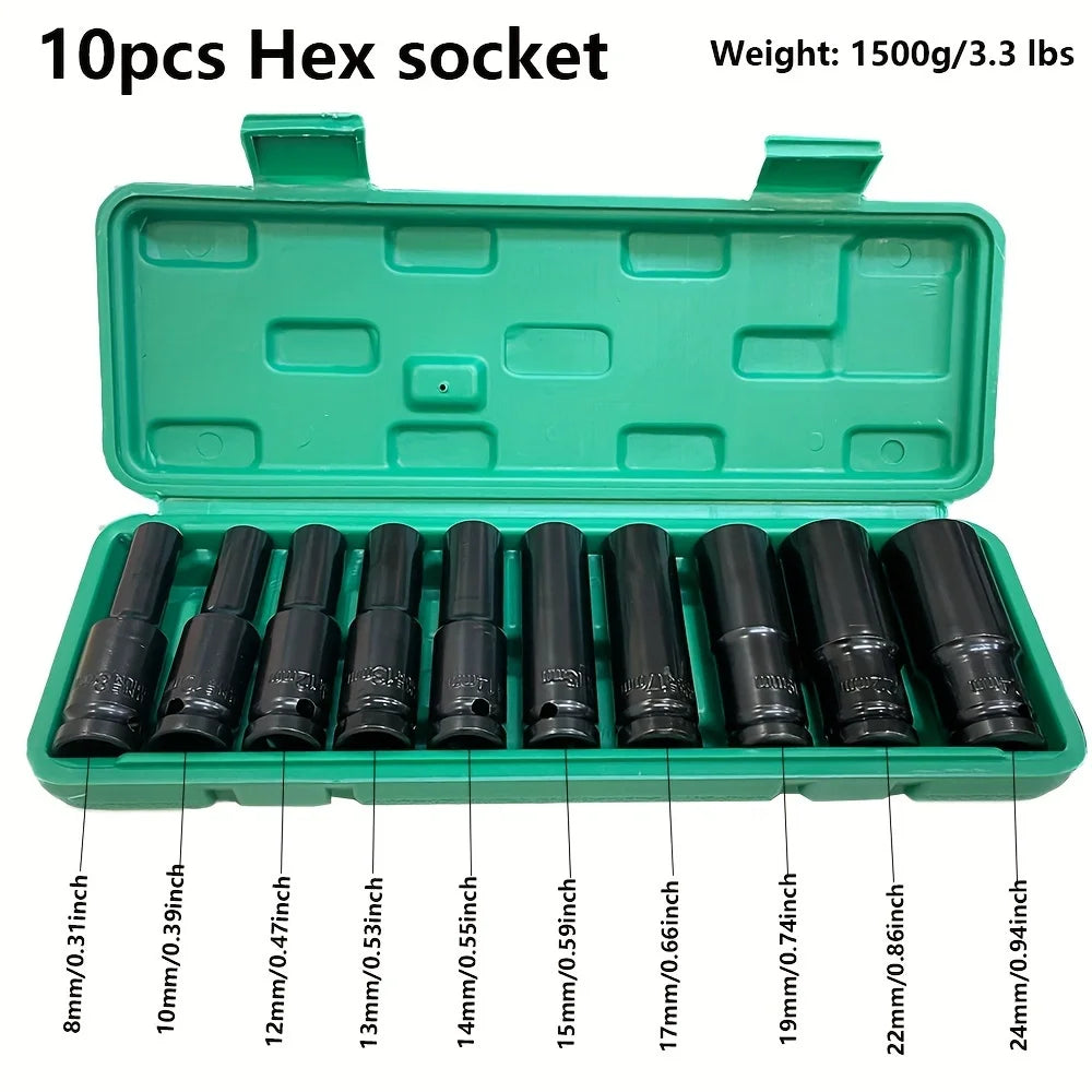 10pcs 1/2 Inch 8-24mm Power Socket Tool Impact Wrench Adapter Industrial Hand Tool Socket Set