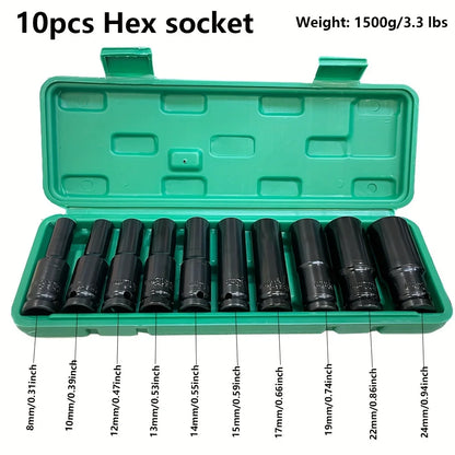 10pcs 1/2 Inch 8-24mm Power Socket Tool Impact Wrench Adapter Industrial Hand Tool Socket Set