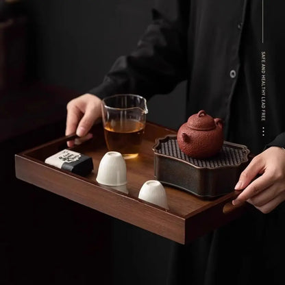 Decorate Tray Rectangular Bamboo Wooden Walnut Color with Handle Serving Tray