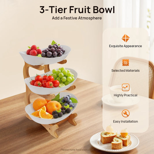 3-Tier Fruit Plate, Snack Dessert Cake for Party Wedding, Bowl W/ Bamboo Wood Stand