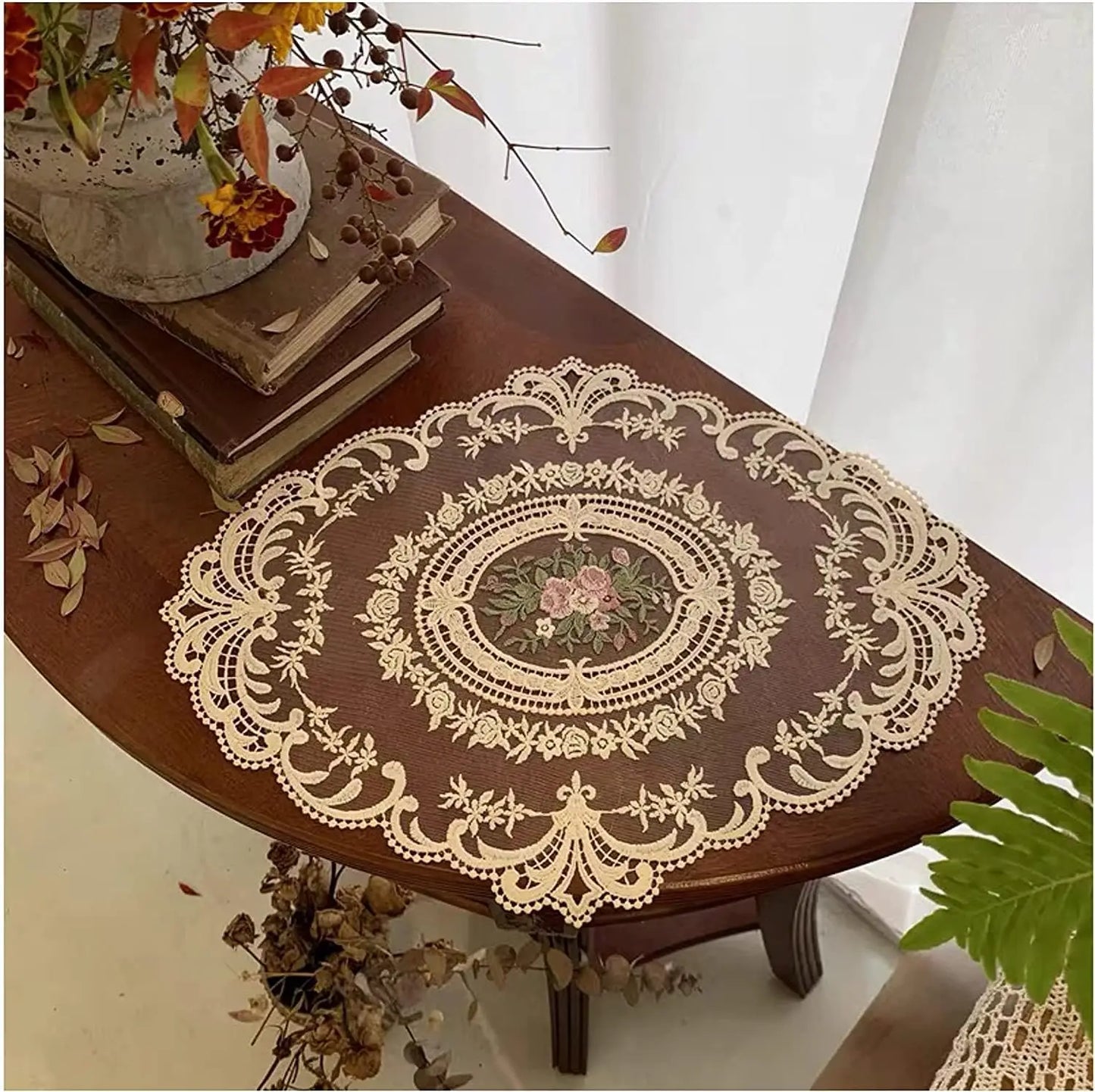 Large Beige Retro Lace Placemats, French Crochet Doilies, Handmade Embroidered