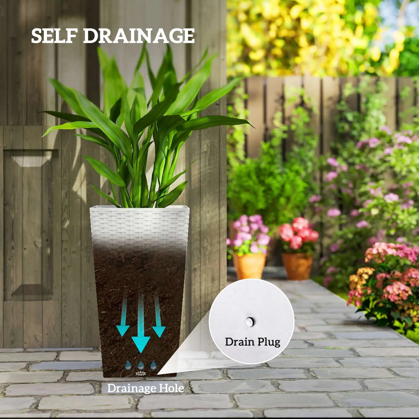 24 Inch Taper Planters with Drainage Holes, Rattan Decor Plant Pots, White