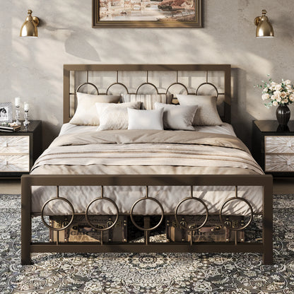Metal Platform Bed Frame with Vintage Circular Design Headboard and Footboard,