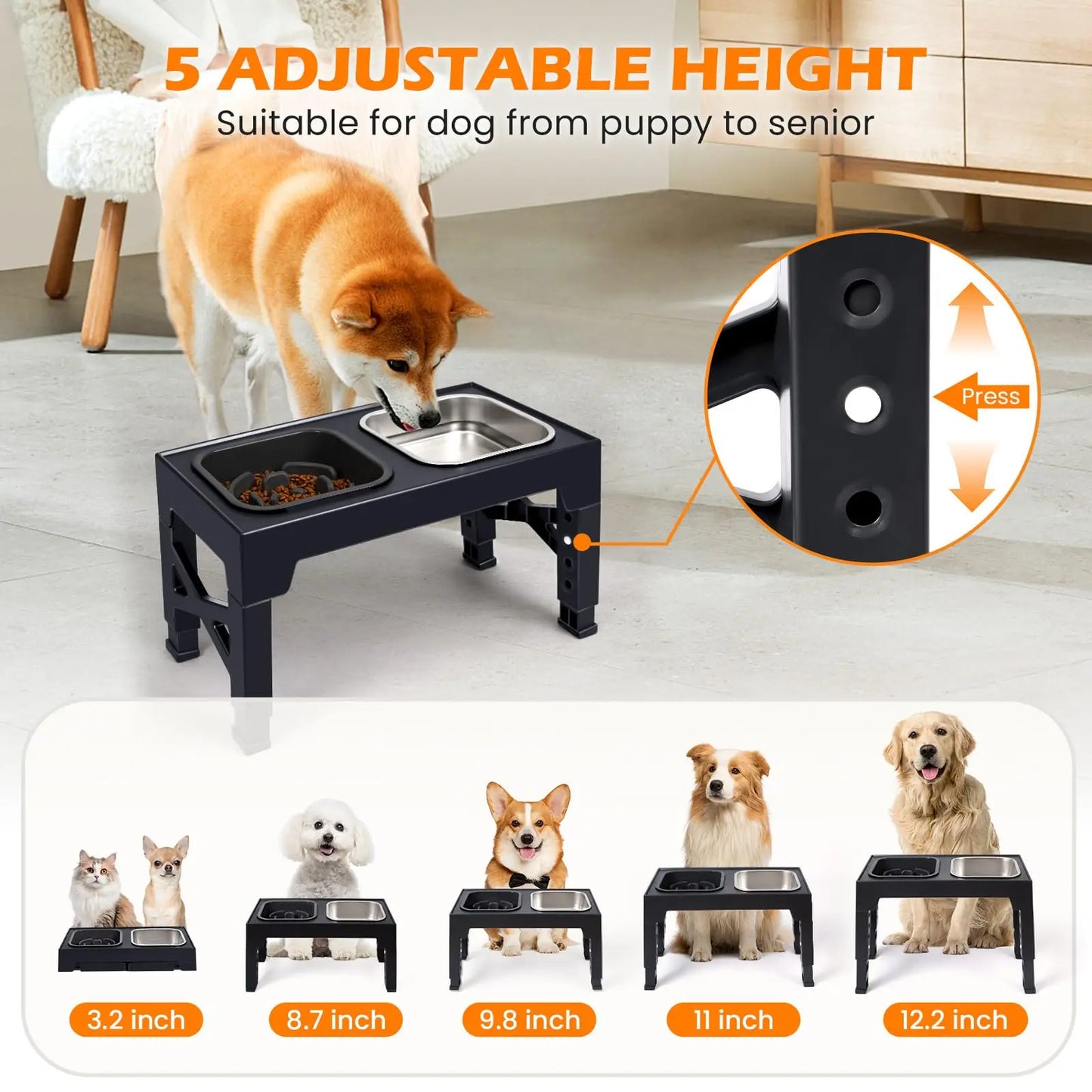 Elevated Slow Feeder Dog Bowls, Non-Slip Stainless Steel/Plastic/ Pet Food & Water Bowls with Foldable Stand