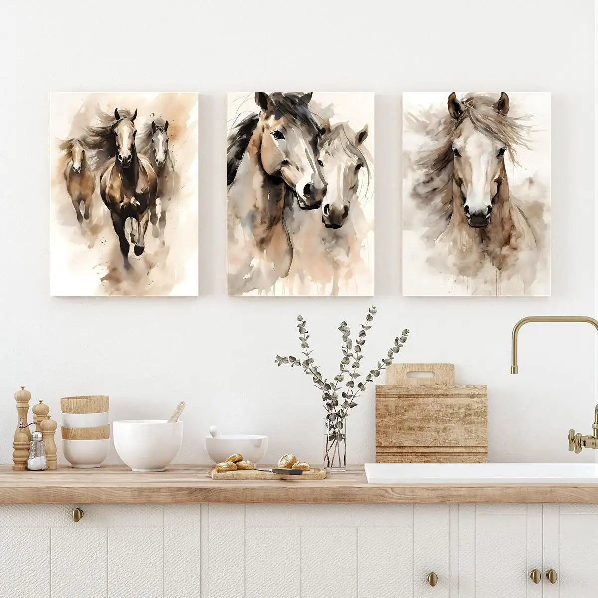 Frameless3pcs Wood Frame Minimalist Horse Pair Print, Two Horses Charcoal Sketch Abstract Equestrian