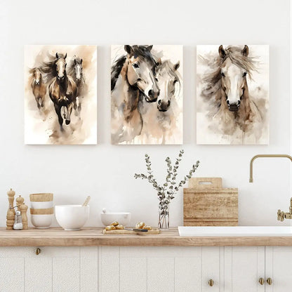 Frameless3pcs Wood Frame Minimalist Horse Pair Print, Two Horses Charcoal Sketch Abstract Equestrian